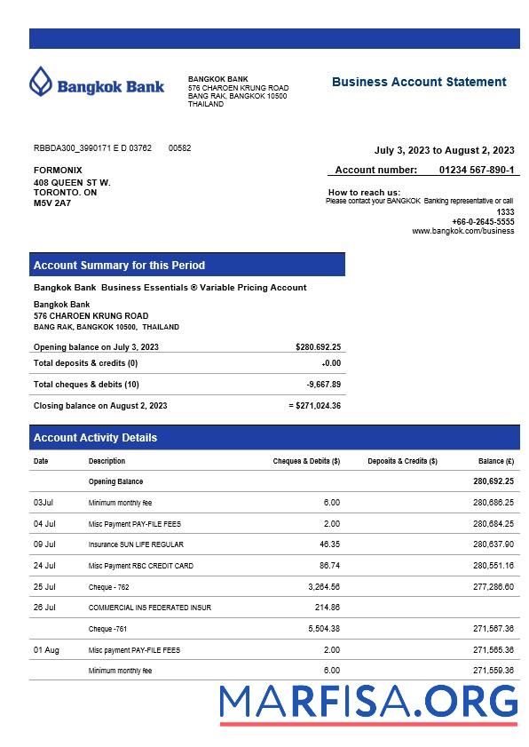 Printable Bangkok Bank corporate checking account statement Word and PDF template